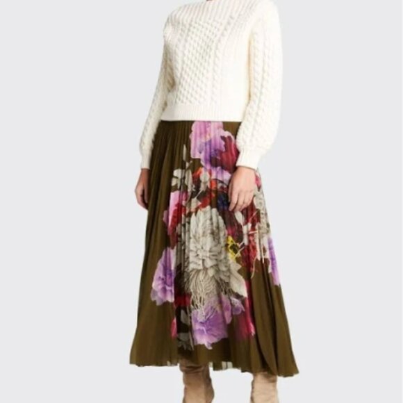 Jason Wu Green Floral Print Pleated Maxi Length Skirt L - Picture 2 of 10